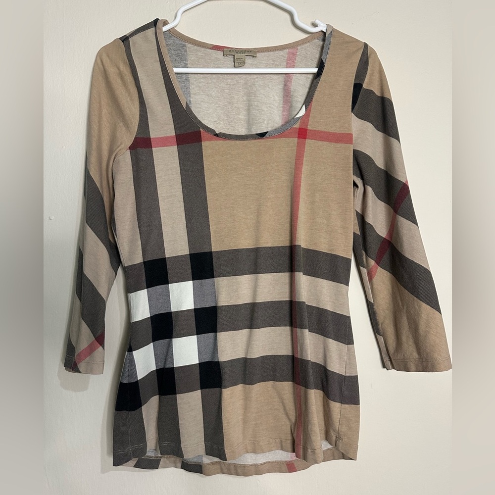Burberry Beige and Black Plaid 3/4 sleeve scoop neck blouse